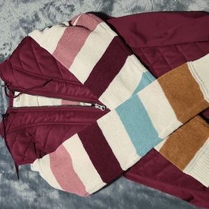 Burgundy xs vest with expandable sides , white striped pull over sweater size sm